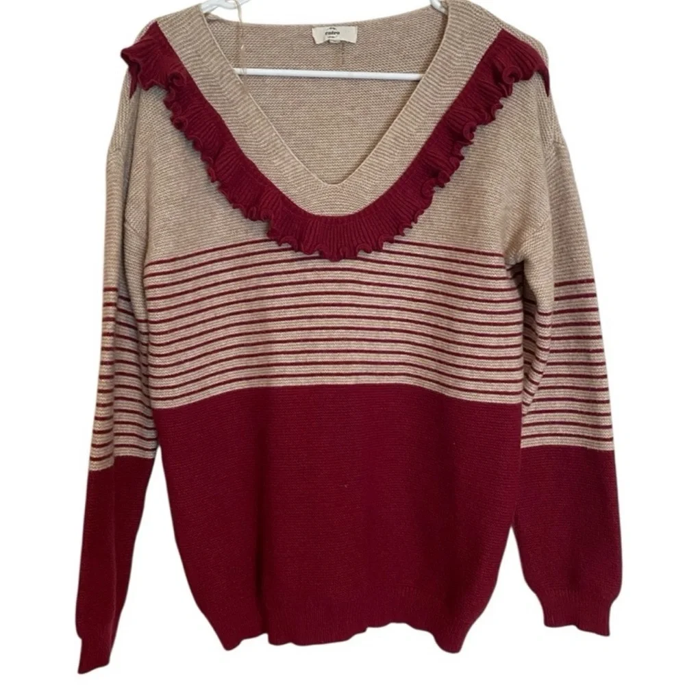 Entro Colorblock Ruffle V-Neck Sweater – Burgundy & Tan Striped Knit Size Small